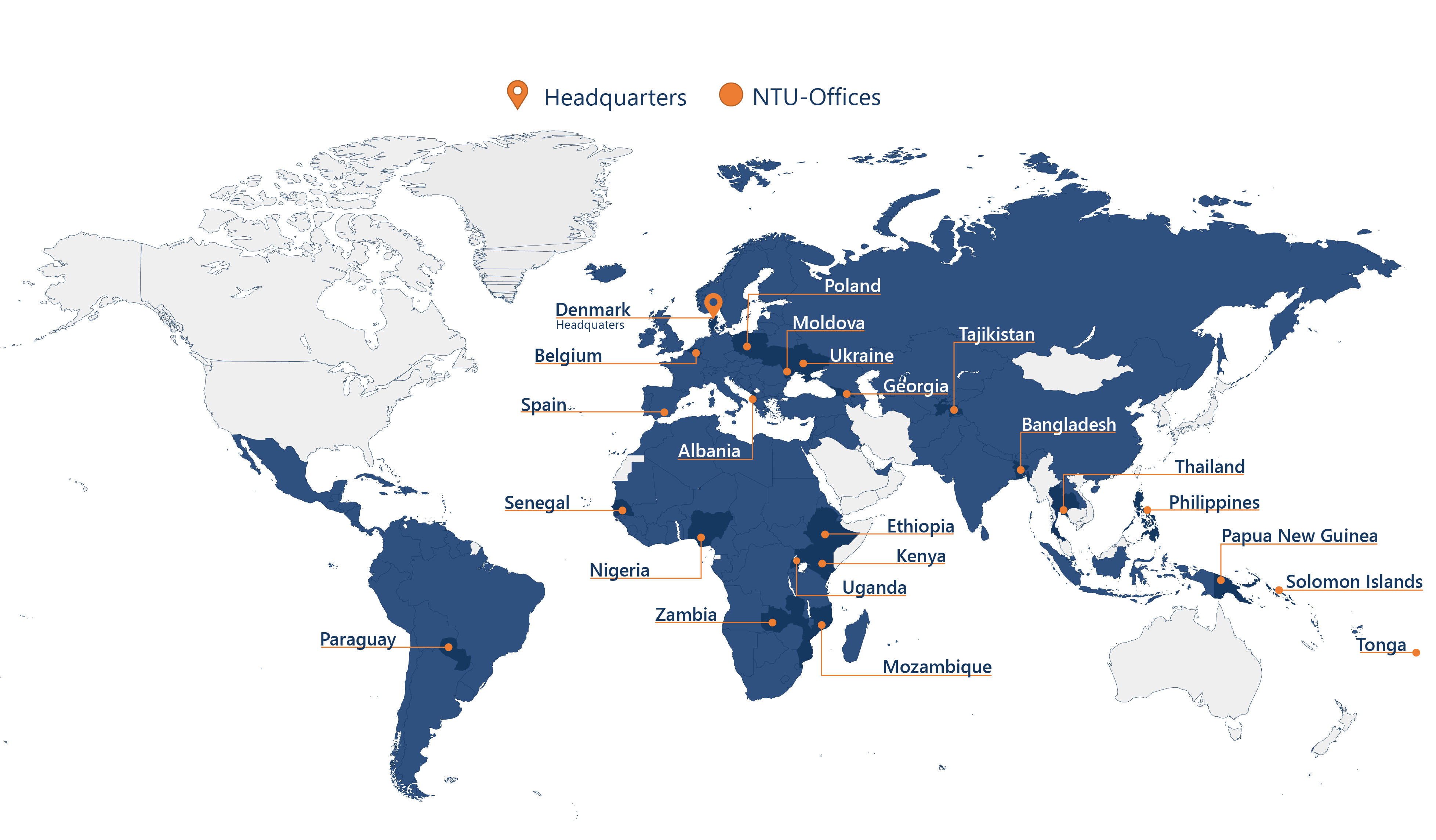 Map showing that NTU has project offices in the following countries: Denmark, Belgium, Poland, Moldova, Ukraine, Georgia, Albania, Paraguay, Senegal, Nigeria, Zambia, Ethiopia, Kenya, Uganda, Mozambique, Tajikistan, Bangladesh, Thailand, Philippines, Papua New Guinea, Solomon Islands and Tonga.